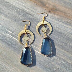 Celestial Earrings with Large Dark Blue Glass Crystal Drop Star and Moon Geometr